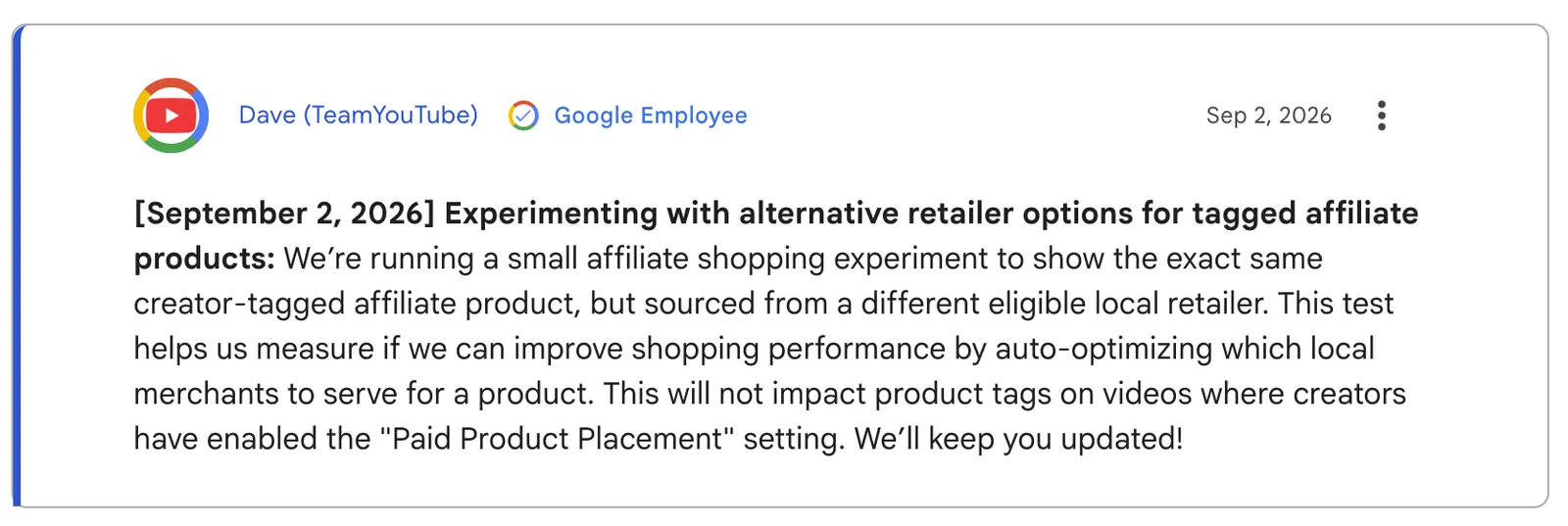 YouTube announcement about the alternative local retailer experiment for tagged affiliate products