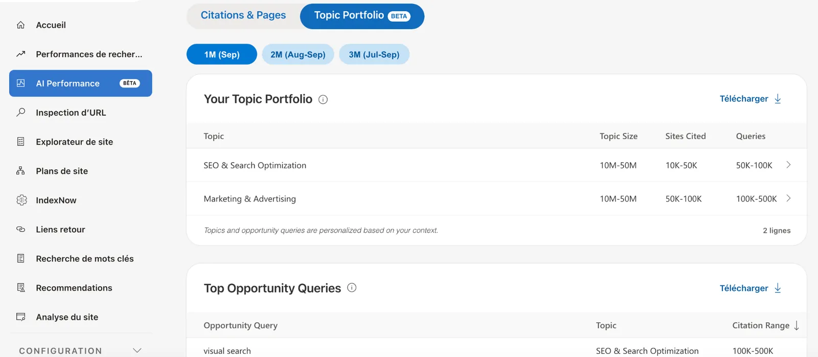 Topic Portfolio report in the AI Performance section of Bing Webmaster Tools