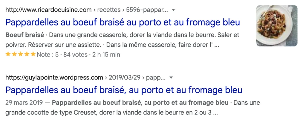 Structured markup example: search result for a Ricardo braised beef recipe