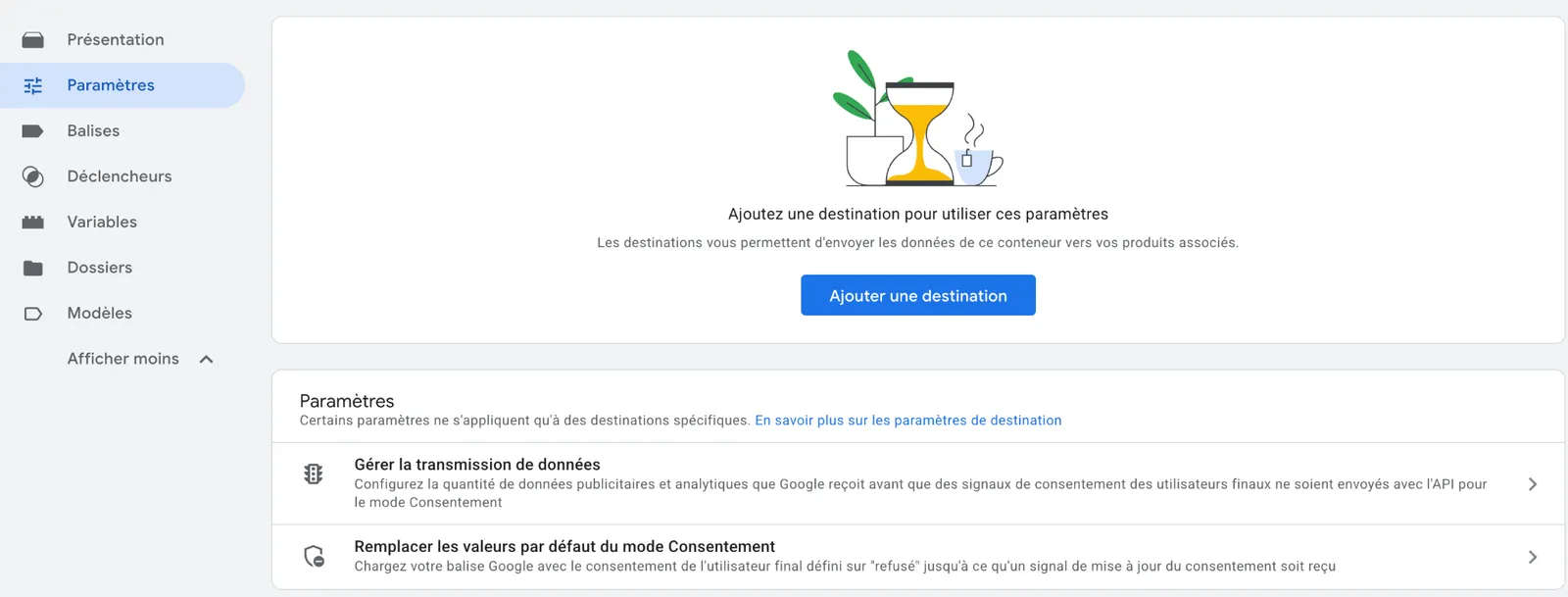 Page Paramètres d’un conteneur Google Tag Manager invitant à ajouter une destination