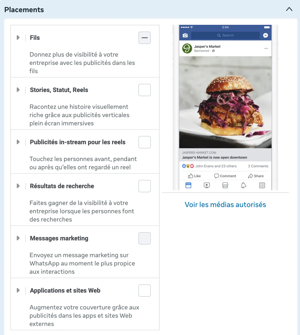 Choix des placements publicitaires dans le Gestionnaire de publicités Meta