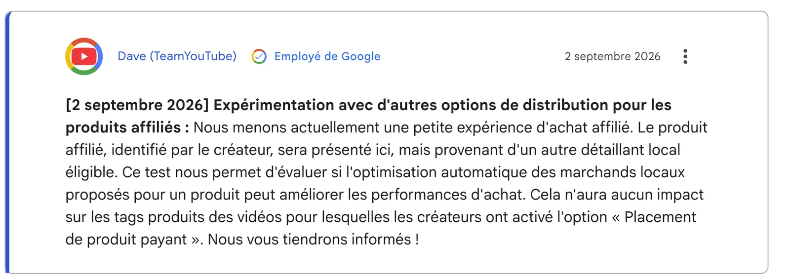Annonce de YouTube sur l’expérimentation des revendeurs locaux pour les produits affiliés