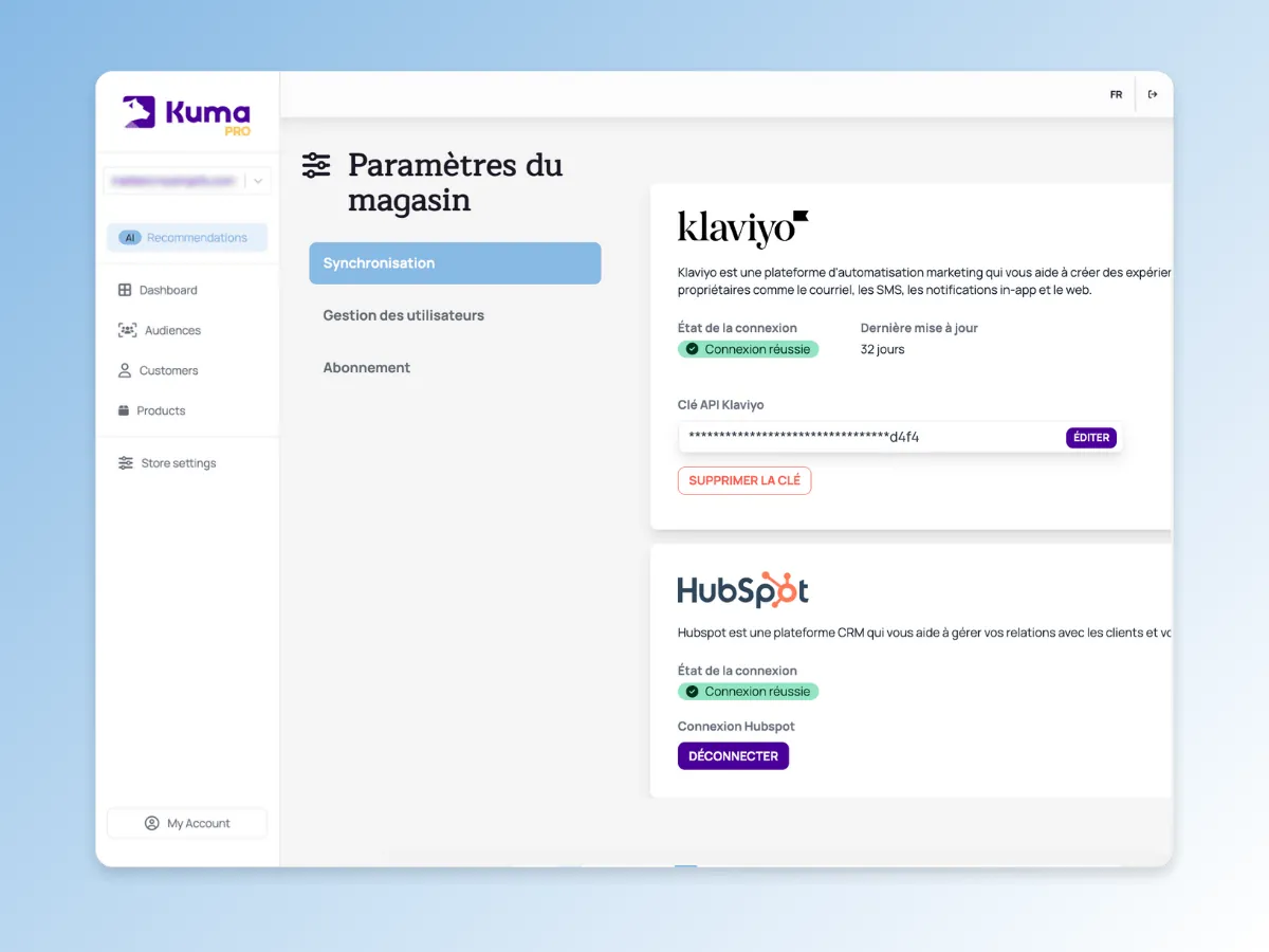 Synchronisez vos audiences avecKlaviyo, Hubspot